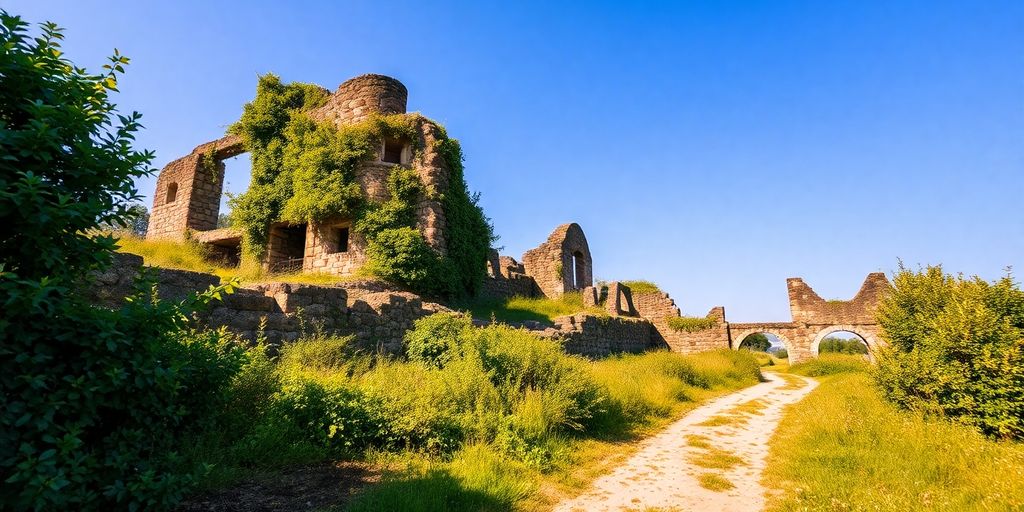 Ancient stone ruins under blue sky, lush green trees.