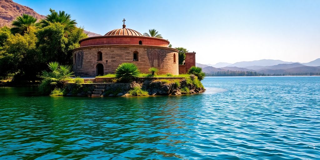 Ancient Ethiopian monastery, Lake Tana, lush green island