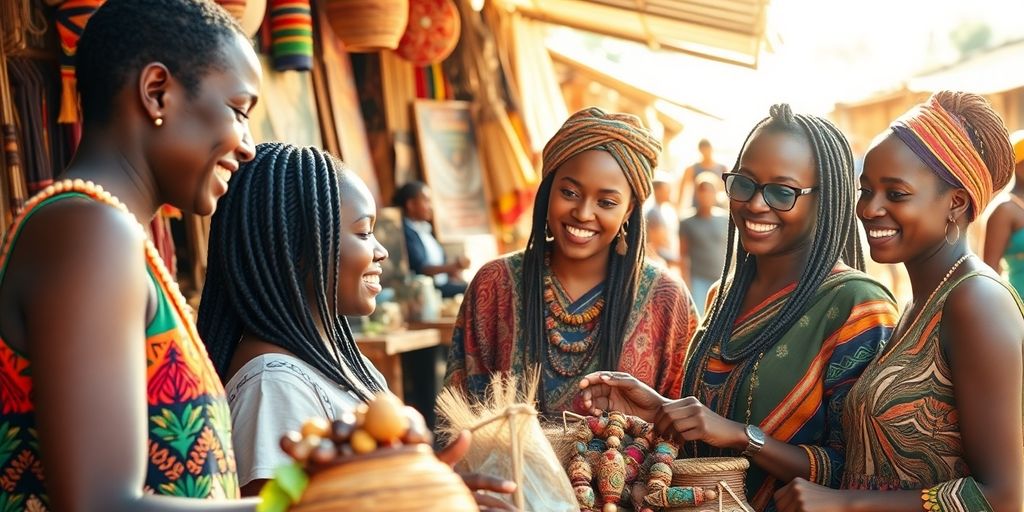 Joyful group engaging with local Kenyan artisans